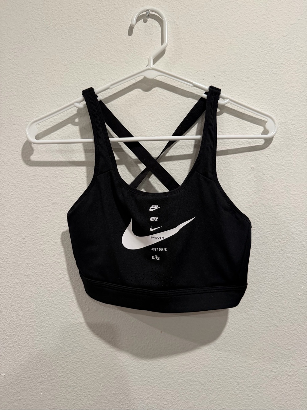 Nike Black Sports Bra with White Swoosh Stack Graphic